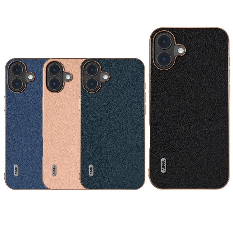 For iPhone 16 Plus ABEEL Electroplating Frame Genuine Leather + PC Litchi Texture Phone Case(Blue) - iPhone 16 Plus Cases by buy2fix | Online Shopping UK | buy2fix