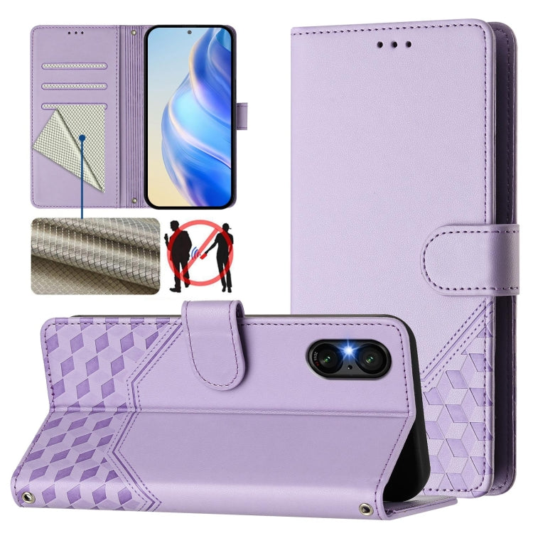 For Sony Xperia 5 VI 2024 Honeycomb Embossing RFID Leather Phone Case(Light Purple) - Sony Cases by buy2fix | Online Shopping UK | buy2fix