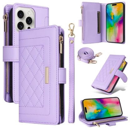 For iPhone 16 Pro Crossbody Zipper Wallet Rhombus Leather Phone Case(Purple) - iPhone 16 Pro Cases by buy2fix | Online Shopping UK | buy2fix