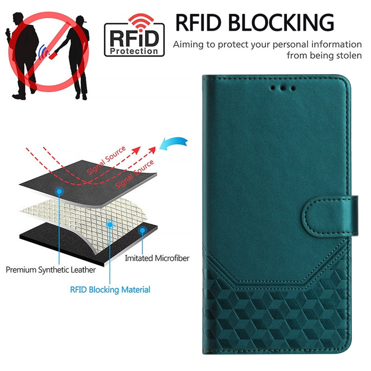 For OnePlus 11 Honeycomb Embossing RFID Leather Phone Case(Peacock Green) - OnePlus Cases by buy2fix | Online Shopping UK | buy2fix