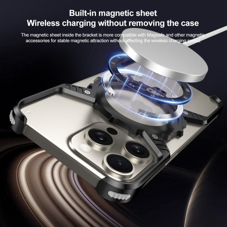 For iPhone 16 Plus / 15 Pro Max Mechanical Gear MagSafe Holder Borderless Metal Phone Case(Silver) - iPhone 16 Plus Cases by buy2fix | Online Shopping UK | buy2fix