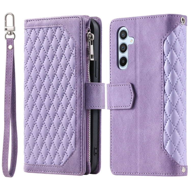 For Samsung Galaxy S25 5G Grid Texture Zipper Leather Phone Case with Lanyard(Purple) - Galaxy S25 5G Cases by buy2fix | Online Shopping UK | buy2fix