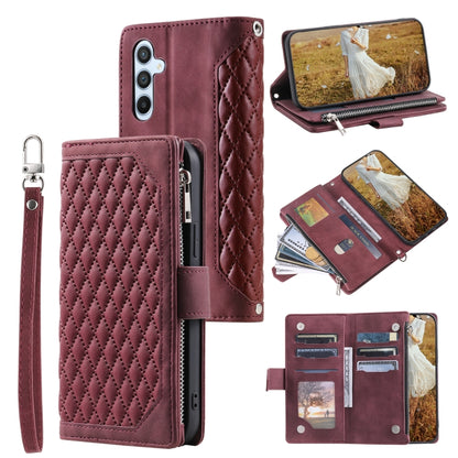 For Samsung Galaxy S25 5G Grid Texture Zipper Leather Phone Case with Lanyard(Wine Red) - Galaxy S25 5G Cases by buy2fix | Online Shopping UK | buy2fix