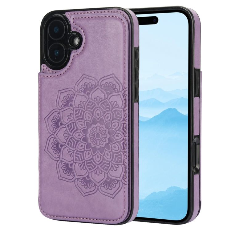 For iPhone 16 Plus Double Buckle Mandala Leather Wallet Back Cover Phone Case(Purple) - iPhone 16 Plus Cases by buy2fix | Online Shopping UK | buy2fix