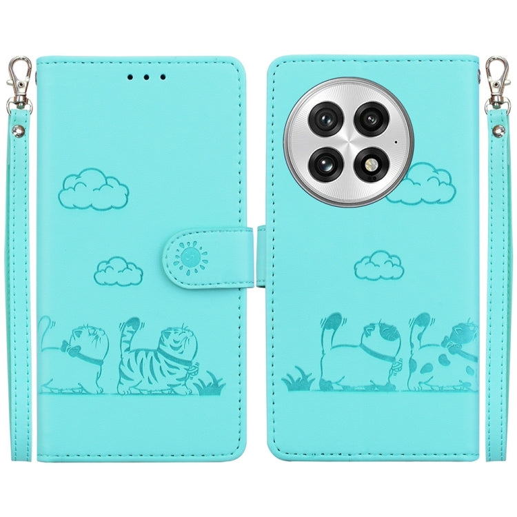 For OnePlus 13 Cute Cats RFID Leather Phone Case(Green) - OnePlus Cases by buy2fix | Online Shopping UK | buy2fix