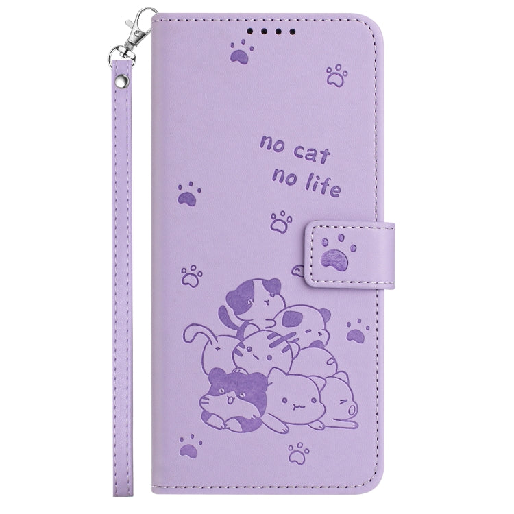 For iPhone 16 Embossed Kitten Phone Leather Case with Lanyard(Purple) - iPhone 16 Cases by buy2fix | Online Shopping UK | buy2fix