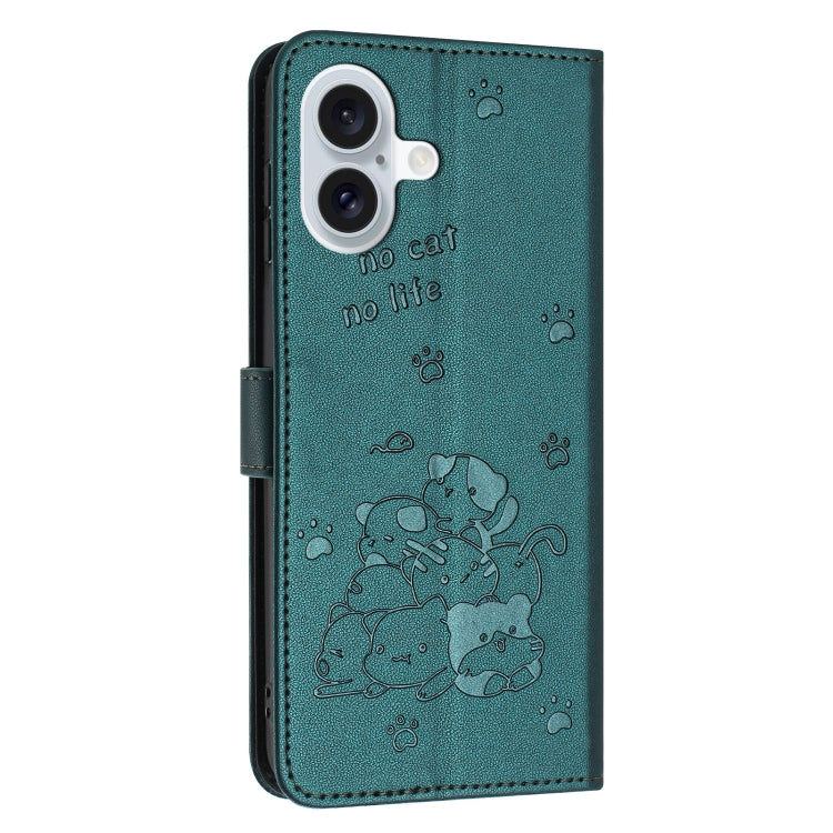 For iPhone 16 Embossed Kitten Phone Leather Case with Lanyard(Dark Green) - iPhone 16 Cases by buy2fix | Online Shopping UK | buy2fix