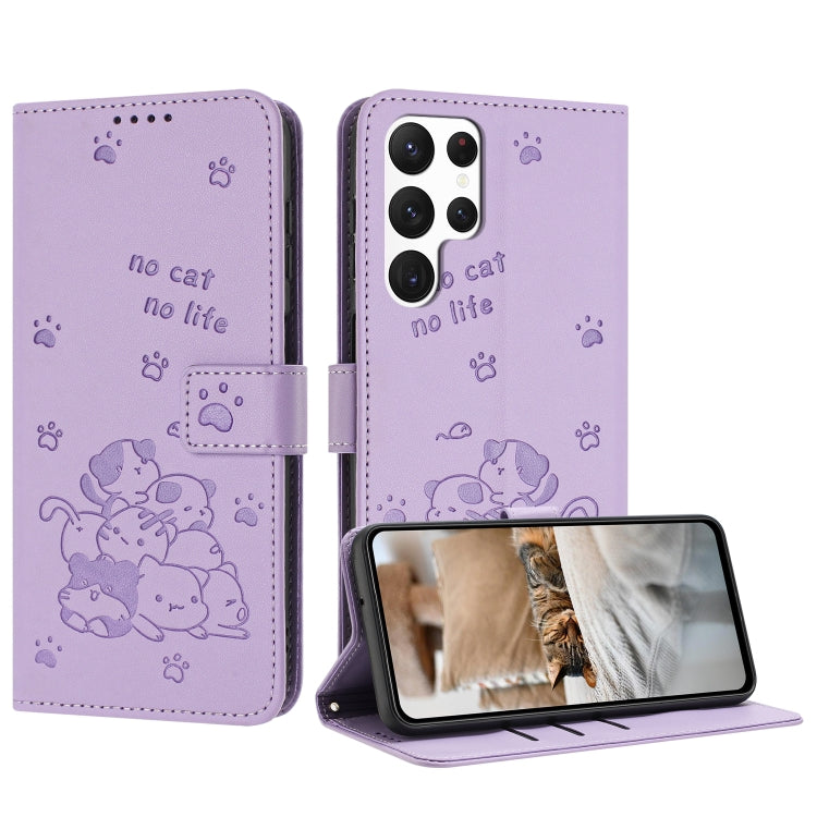 For Samsung Galaxy S25 Ultra 5G Embossed Kitten Phone Leather Case with Lanyard(Purple) - Galaxy S25 Ultra 5G Cases by buy2fix | Online Shopping UK | buy2fix