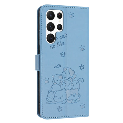 For Samsung Galaxy S25 Ultra 5G Embossed Kitten Phone Leather Case with Lanyard(Blue) - Galaxy S25 Ultra 5G Cases by buy2fix | Online Shopping UK | buy2fix