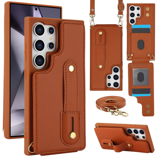 For Samsung Galaxy S25 Ultra 5G Wristband Vertical Flip Wallet Back Cover Phone Case with Long Lanyard(Brown) - Galaxy S25 Ultra 5G Cases by buy2fix | Online Shopping UK | buy2fix