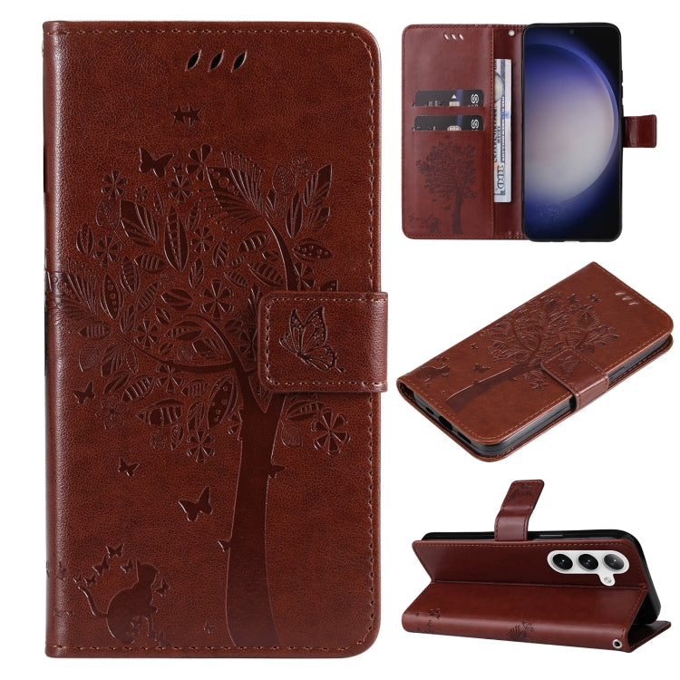 For Samsung Galaxy S25 / S24 5G Tree & Cat Embossed Pattern Flip Leather Phone Case(Coffee) - Galaxy S25 5G Cases by buy2fix | Online Shopping UK | buy2fix