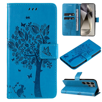 For Samsung Galaxy S25 Ultra 5G Tree & Cat Embossed Pattern Flip Leather Phone Case(Blue) - Galaxy S25 Ultra 5G Cases by buy2fix | Online Shopping UK | buy2fix