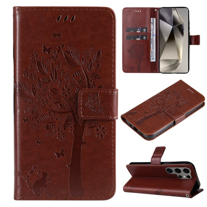 For Samsung Galaxy S25 Ultra 5G Tree & Cat Embossed Pattern Flip Leather Phone Case(Coffee) - Galaxy S25 Ultra 5G Cases by buy2fix | Online Shopping UK | buy2fix