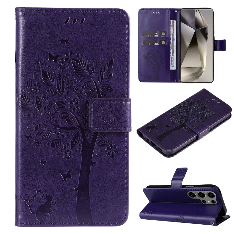 For Samsung Galaxy S25 Ultra 5G Tree & Cat Embossed Pattern Flip Leather Phone Case(Purple) - Galaxy S25 Ultra 5G Cases by buy2fix | Online Shopping UK | buy2fix