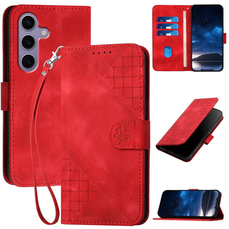 For Samsung Galaxy S25 5G YX0080 Grid Butterfly Embossed Pattern Flip Leather Phone Case with Lanyard(Red) - Galaxy S25 5G Cases by buy2fix | Online Shopping UK | buy2fix