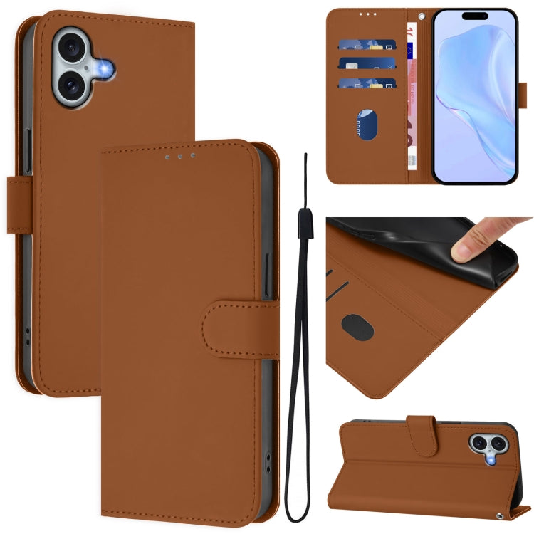 For iPhone 16 Plus Skin Feel Solid Color Leather Phone Case with Lanyard(Brown) - iPhone 16 Plus Cases by buy2fix | Online Shopping UK | buy2fix