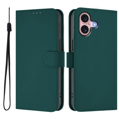 For iPhone 16 Skin Feel Solid Color Leather Phone Case with Lanyard(Dark Green) - iPhone 16 Cases by buy2fix | Online Shopping UK | buy2fix