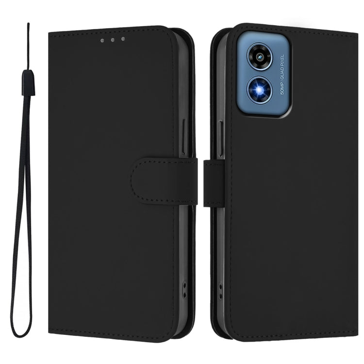 For Motorola Moto G Play 4G 2024 Global Skin Feel Solid Color Leather Phone Case with Lanyard(Black) - Motorola Cases by buy2fix | Online Shopping UK | buy2fix