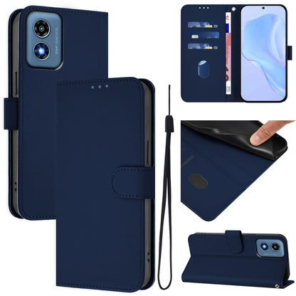 For Motorola Moto G Play 4G 2024 Global Skin Feel Solid Color Leather Phone Case with Lanyard(Navy Blue) - Motorola Cases by buy2fix | Online Shopping UK | buy2fix