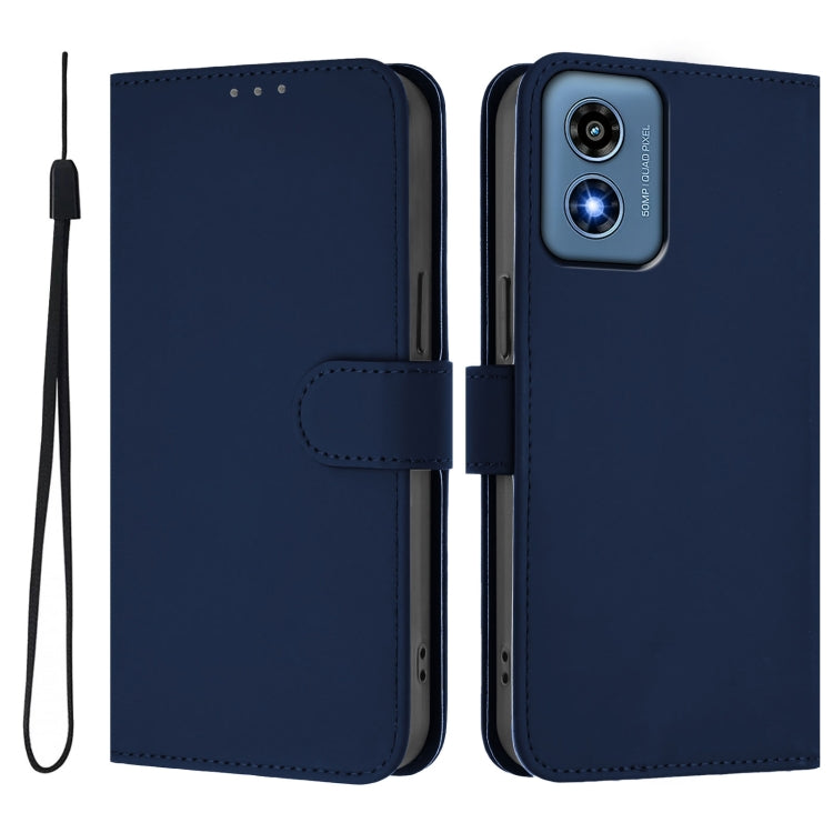 For Motorola Moto G Play 4G 2024 Global Skin Feel Solid Color Leather Phone Case with Lanyard(Navy Blue) - Motorola Cases by buy2fix | Online Shopping UK | buy2fix