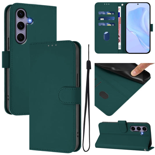 For Samsung Galaxy S25 5G Skin Feel Solid Color Leather Phone Case with Lanyard(Dark Green) - Galaxy S25 5G Cases by buy2fix | Online Shopping UK | buy2fix