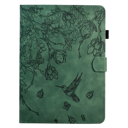 For Samsung Galaxy Tab S9 Flowers and Bird Embossed Smart Leather Tablet Case(Green) - Galaxy Tab S9 Cases by buy2fix | Online Shopping UK | buy2fix