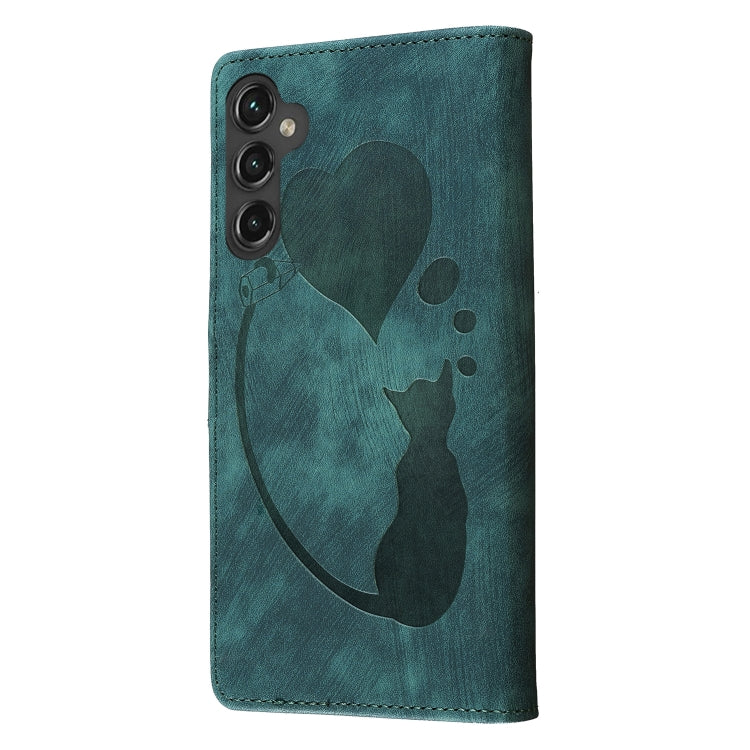 For Samsung Galaxy S25 5G Pen Heart Cat Embossed Leather Phone Case(Green) - Galaxy S25 5G Cases by buy2fix | Online Shopping UK | buy2fix