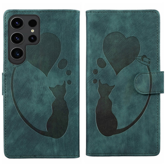 For Samsung Galaxy S25 Ultra 5G Pen Heart Cat Embossed Leather Phone Case(Green) - Galaxy S25 Ultra 5G Cases by buy2fix | Online Shopping UK | buy2fix