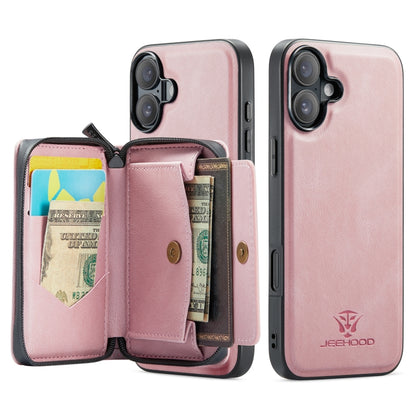 For iPhone 16 Plus JEEHOOD J02 Magnetic Zipper Horizontal Flip Leather Phone Case(Pink) - iPhone 16 Plus Cases by JEEHOOD | Online Shopping UK | buy2fix