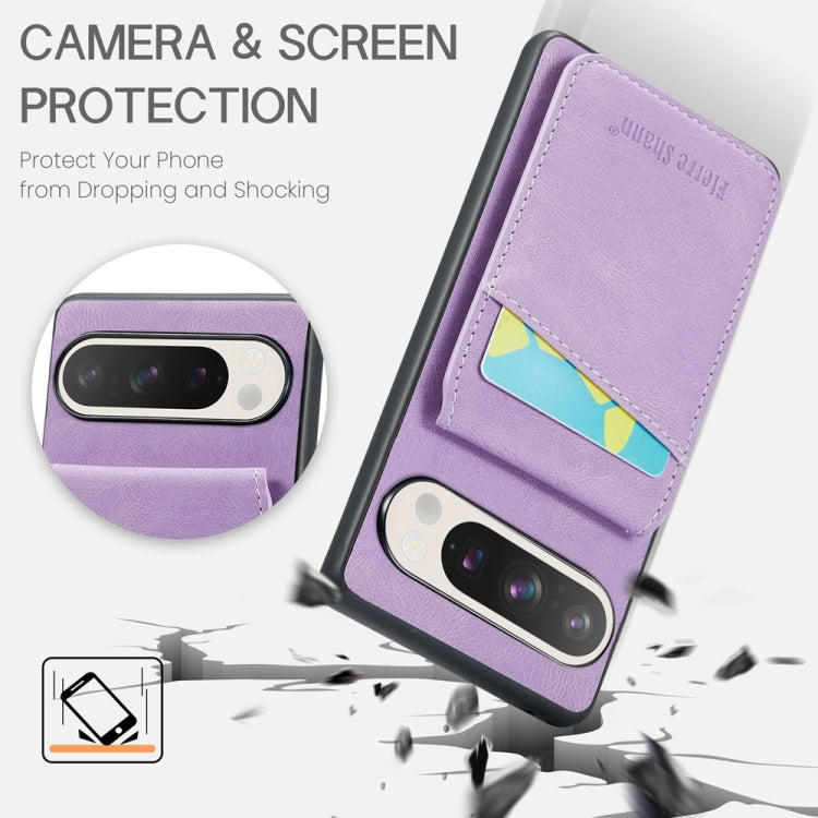 For Google Pixel 9 / 9 Pro Fierre Shann Crazy Horse Card Holder Back Cover PU Phone Case(Purple) - Google Cases by FIERRE SHANN | Online Shopping UK | buy2fix