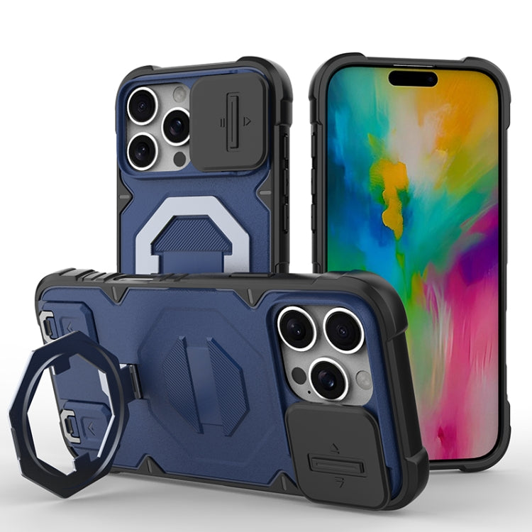 For iPhone 16 Pro Max Camera Shield Armor MagSafe Holder Phone Case with Strap(Sapphire Blue) - iPhone 16 Pro Max Cases by buy2fix | Online Shopping UK | buy2fix