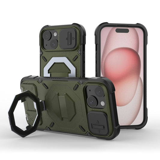 For iPhone 15 Camera Shield Armor MagSafe Holder Phone Case with Strap(Dark Green) - iPhone 15 Cases by buy2fix | Online Shopping UK | buy2fix