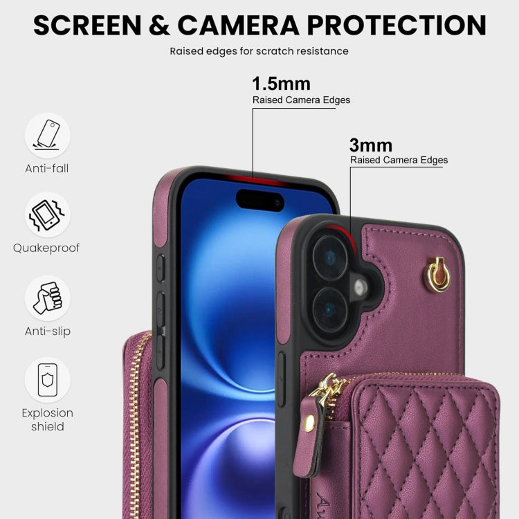 For iPhone 16 AwQuer Crossbody Zipper Wallet Rhombic Leather Back Phone Case(Dark Purple) - iPhone 16 Cases by Awquer | Online Shopping UK | buy2fix