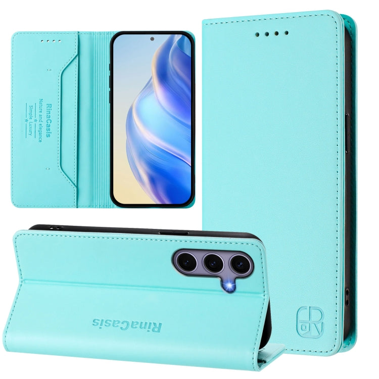 For Samsung Galaxy S24 / S25 5G RC01 Dual-Folded Magnetic Suction RFID Leather Phone Case(Mint Green) - Galaxy S25 5G Cases by buy2fix | Online Shopping UK | buy2fix