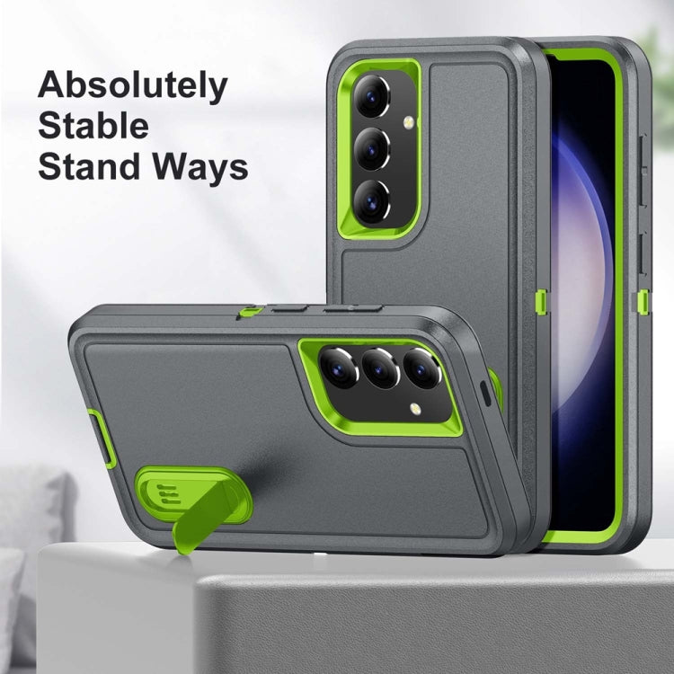 For Samsung Galaxy S24 / S25 5G Rugged PC Hybrid Silicone Phone Case with Holder(Grey+Fresh Green) - Galaxy S25 5G Cases by buy2fix | Online Shopping UK | buy2fix