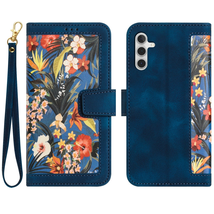 For Samsung Galaxy S25+ 5G Floral Pattern Leather Phone Case with Lanyard(Dark Blue) - Galaxy S25+ 5G Cases by buy2fix | Online Shopping UK | buy2fix