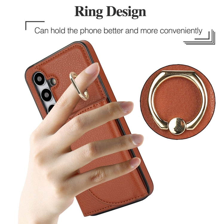 For Samsung Galaxy S25 5G Ring Holder Card Bag Skin Feel Phone Case(Brown) - Galaxy S25 5G Cases by buy2fix | Online Shopping UK | buy2fix