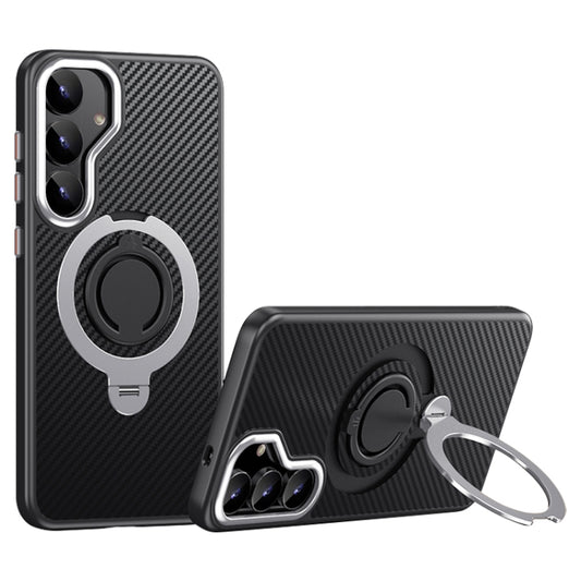 For Samsung Galaxy S25+ 5G Carbon Fiber MagSafe Phone Case with 360 Degree Rotating Holder(Black Silver) - Galaxy S25+ 5G Cases by buy2fix | Online Shopping UK | buy2fix