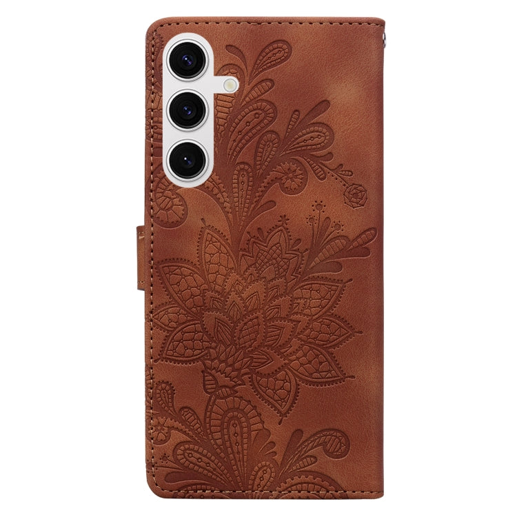 For Samsung Galaxy S25+ 5G Lace Floral Embossed Magnetic Buckle PU Phone Case With Wrist Strap(Brown) - Galaxy S25+ 5G Cases by buy2fix | Online Shopping UK | buy2fix