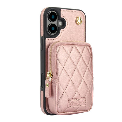 For iPhone 16 AwQuer Crossbody Zipper Wallet Bag Litchi Leather Phone Case(Rose Gold) - iPhone 16 Cases by Awquer | Online Shopping UK | buy2fix