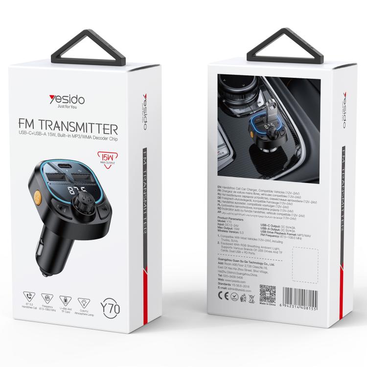 Yesido Y70 Car Bluetooth FM Transmitter(Black) - Bluetooth Car Kits by Yesido | Online Shopping UK | buy2fix