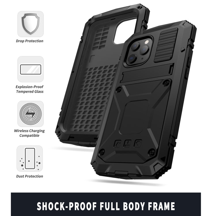 For iPhone 12 mini R-JUST Shockproof Waterproof Dust-proof Metal + Silicone Protective Case with Holder (Black) - iPhone 12 mini Cases by R-JUST | Online Shopping UK | buy2fix