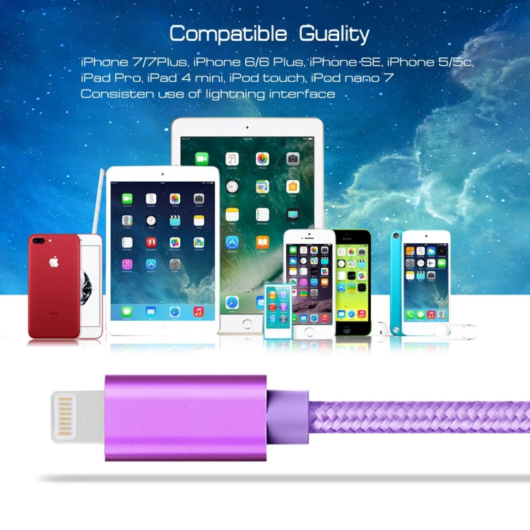 1m 3A Woven Style Metal Head 8 Pin to USB Data / Charger Cable(Purple) - Normal Style Cable by buy2fix | Online Shopping UK | buy2fix