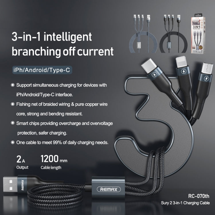 REMAX RC-070TH 1.2m 2A 3 in 1 USB to 8 Pin & USB-C / Type-C & Micro USB Charging Cable(Silver) - Multifunction Cable by REMAX | Online Shopping UK | buy2fix