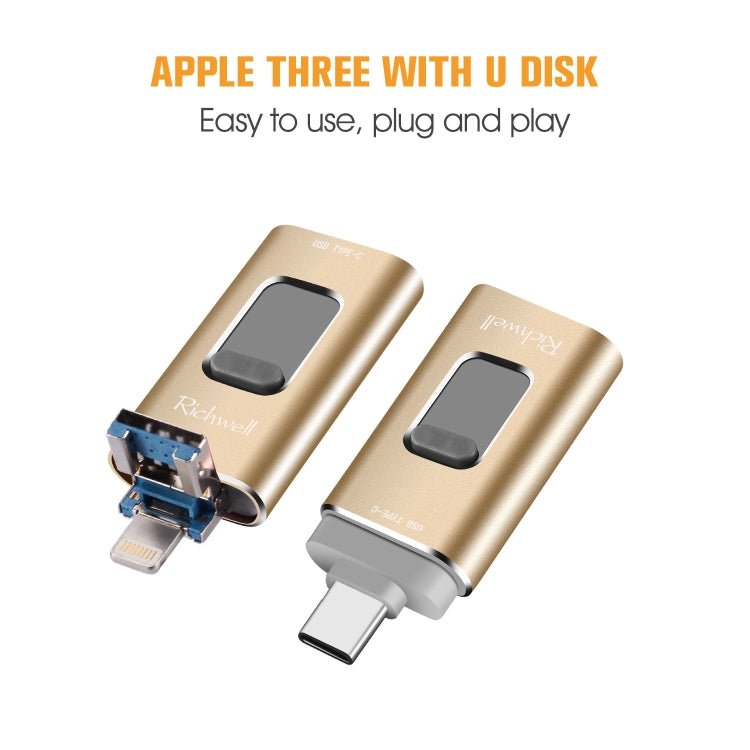 Richwell 3 in 1 128G Type-C + 8 Pin + USB 3.0 Metal Push-pull Flash Disk with OTG Function(Gold) - U Disk & Card Reader by Richwell | Online Shopping UK | buy2fix