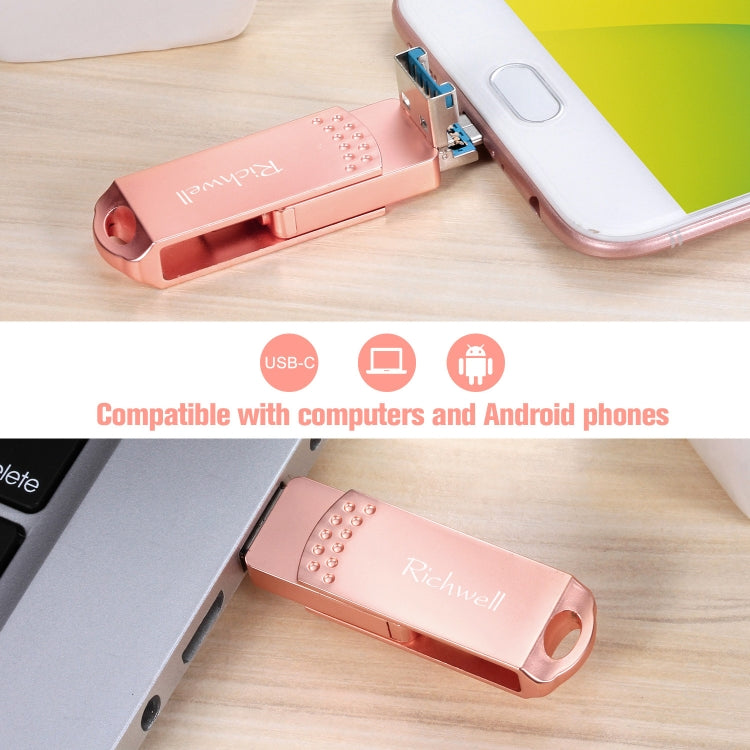 Richwell 3 in 1 64G Type-C + Micro USB + USB 3.0 Metal Flash Disk with OTG Function(Rose Gold) - U Disk & Card Reader by Richwell | Online Shopping UK | buy2fix