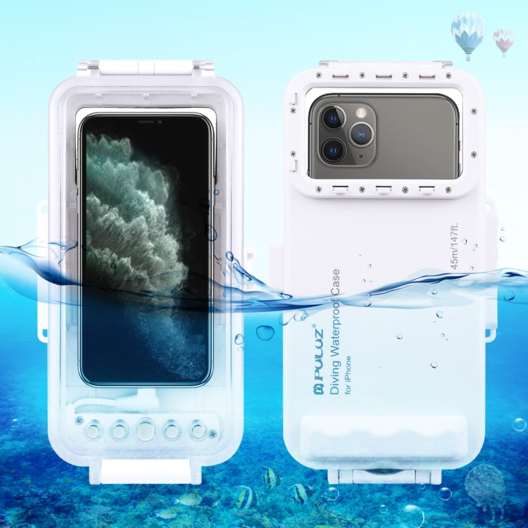 PULUZ 45m/147ft Waterproof Diving Case Photo Video Taking Underwater Housing Cover for iPhone 14 Series, iPhone 13 Series, iPhone 12 Series, iPhone 11 Series, iPhone X Series, iPhone 8 & 7, iPhone 6s, iOS 13.0 or Above Version iPhone(White) - iPhone 14 Pro Cases by PULUZ | Online Shopping UK | buy2fix