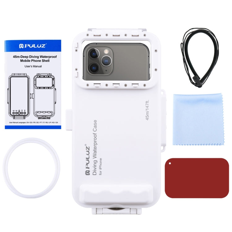 PULUZ 45m/147ft Waterproof Diving Case Photo Video Taking Underwater Housing Cover for iPhone 14 Series, iPhone 13 Series, iPhone 12 Series, iPhone 11 Series, iPhone X Series, iPhone 8 & 7, iPhone 6s, iOS 13.0 or Above Version iPhone(White) - iPhone 14 Pro Cases by PULUZ | Online Shopping UK | buy2fix