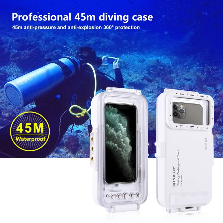 PULUZ 45m/147ft Waterproof Diving Case Photo Video Taking Underwater Housing Cover for iPhone 14 Series, iPhone 13 Series, iPhone 12 Series, iPhone 11 Series, iPhone X Series, iPhone 8 & 7, iPhone 6s, iOS 13.0 or Above Version iPhone(White) - iPhone 14 Pro Cases by PULUZ | Online Shopping UK | buy2fix