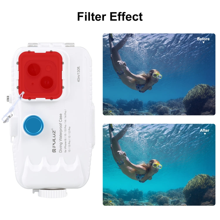 PULUZ 40m/130ft Waterproof Diving Case for iPhone 16 / 15 / 15 Pro / 14 / 14 Pro / 13 / 13 Pro / 12 / 12 Pro, with One-way Valve Photo Video Taking Underwater Housing Cover(White) - iPhone 14 Cases by PULUZ | Online Shopping UK | buy2fix